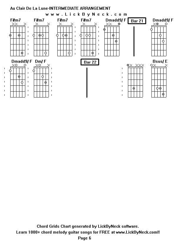 Chord Grids Chart of chord melody fingerstyle guitar song-Au Clair De La Lune-INTERMEDIATE ARRANGEMENT,generated by LickByNeck software.